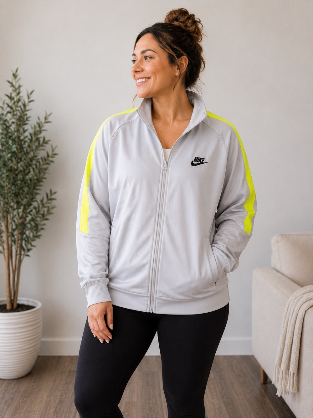 Nike Women’s Light Gray Bomber Jacket with Neon Yellow Stripes